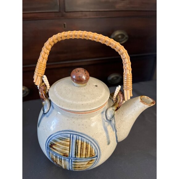 Japanese Stoneware Tea Pot Vintage Hand Painted Mid-Century - Picture 3 of 9